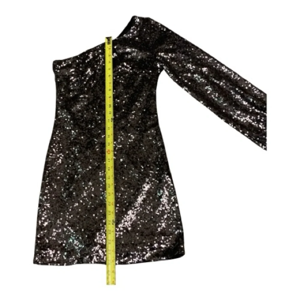 Hello Molly One Shoulder Sequin Black Mini Party Dress Bodycon Cocktail Size Med - Picture 9 of 12
